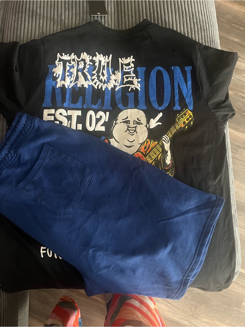 True Religion Black Graphic Tee with Royal Blue Shorts